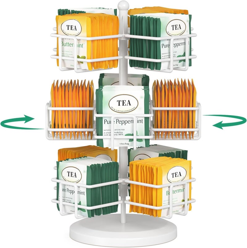 EsLuker.ly Tea Bag Holder Organizer for Counter 3 Tier Metal Tea Bag Storage Rack, Spinning Carousel Tea Packet Display Stand, Tea Organizer Station with Easy Access for Kitchen Office, White - Image 1
